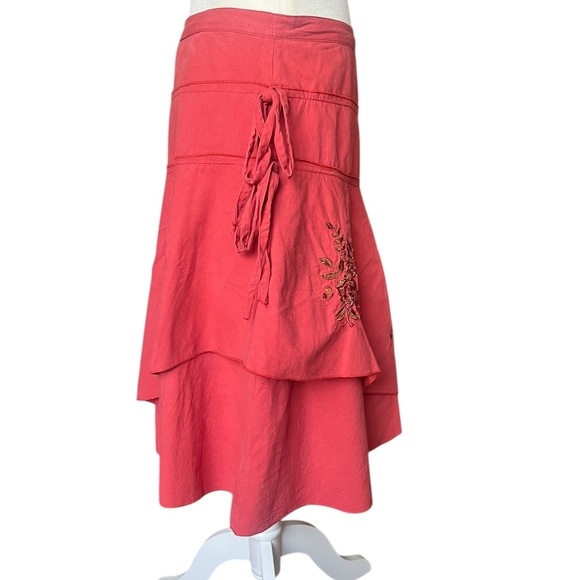 Vintage Tiered Coral Skirt | Y2K Boho Embroidered Cotton Asymmetrical Medium - Picture 3 of 6